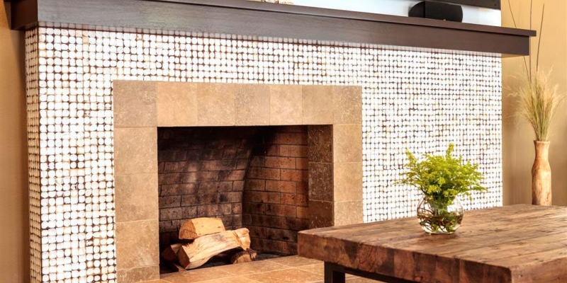 Kirei Coco Tiles, Java Collection, as a fireplace surround, in Color Yogya White