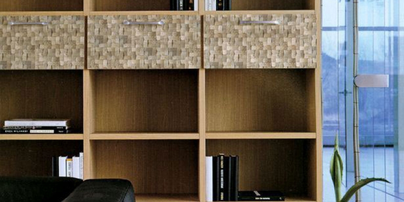 Kirei Coco Tiles, Sumatra Collection, as a bookshelf accent in Color Batak