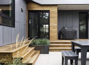 Porch with wood siding and decking